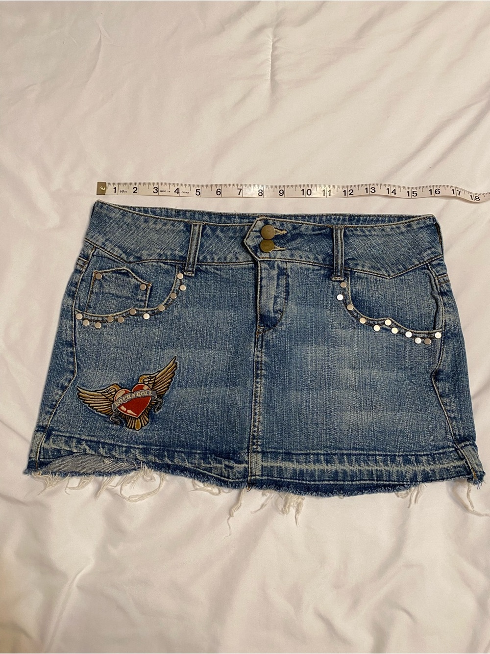 2000’s Denim Mini Skirt with Studding and Winged Heart Patch - Blue